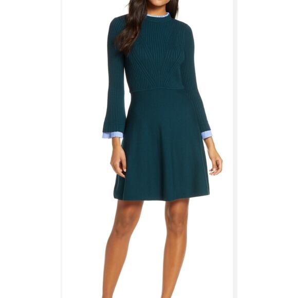 1901 green blue Long Sleeve Fit & Flare preppy Sweater mini Dress size small - Picture 1 of 11